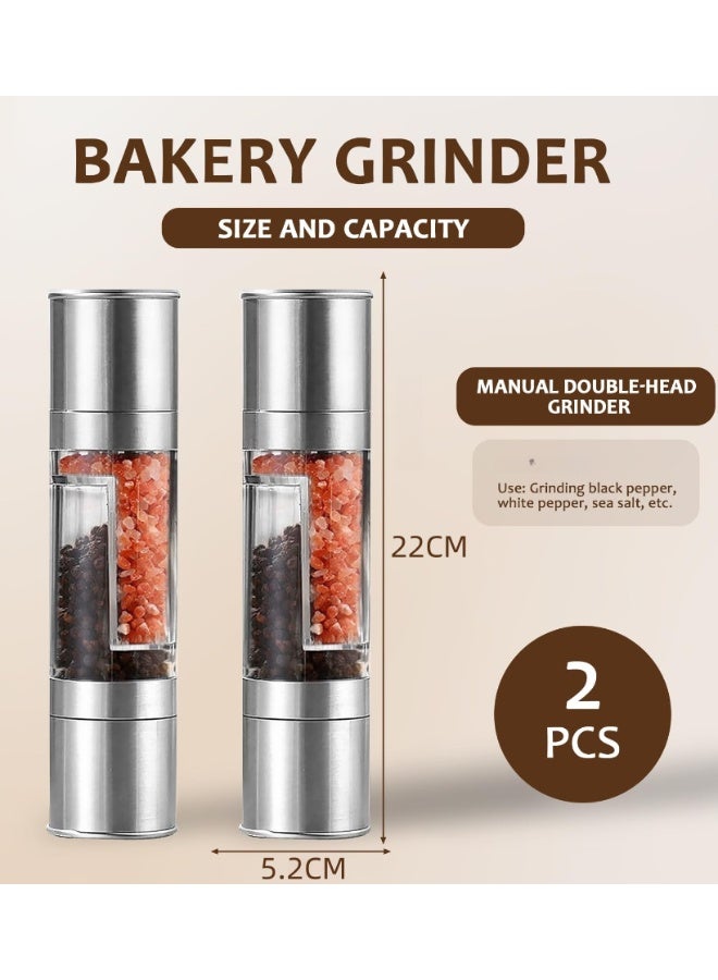 طقم مطحنة ملح وفلفل مكون من قطعتين، مطحنة ثنائية الرأس قابلة لإعادة التعبئة مصنوعة من الفولاذ المقاوم للصدأ، قابلة لتعديل درجة الخشونة، مناسبة للملح والفلفل والتوابل والأعشاب - Image 3