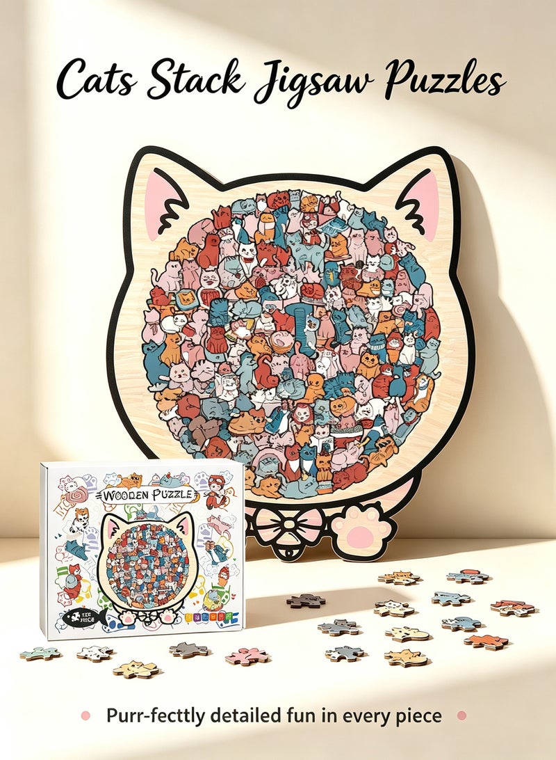 Wooden Cat Puzzle for Adults, Unique Irregular Shaped Animal Jigsaw Puzzle with Colorful Mini Kittens Inside, Challenging Wood Puzzle Game, Cat Lover Gift for Family Birthday - Image 1