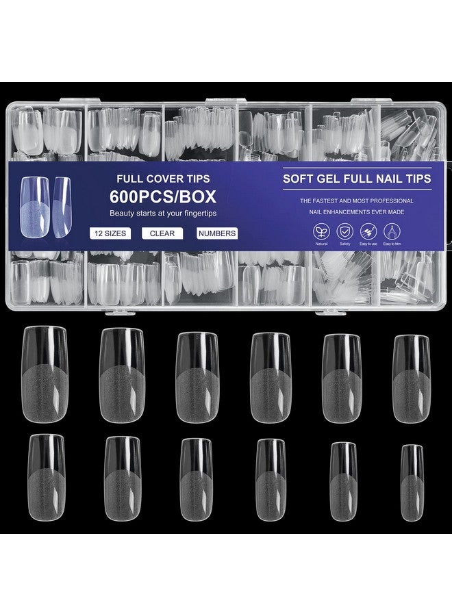AORAEM Square Nail Tips 600 Pcs Artificial Full Cover Nail Tips Soft Clear Gel X Nail Tips 12 Sizes Acrylic Medium Square Press On Nails Tapered Square False Nails With Box For Home Diy Nail Salon - Image 1