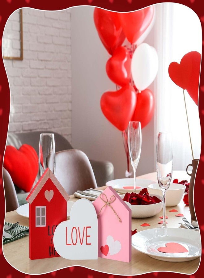 Marsui 3 Pcs Valentine's Day Table Sign House Shaped Wooden Tiered Tray Sign Heart Wooden Table Decor Happy Valentine Tabletop Wood Centerpiece for Home Wedding Party(Pink,Lovely Style) - Image 4