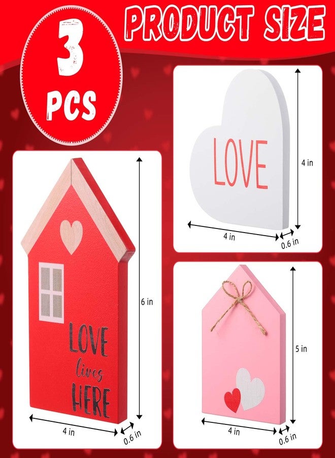 Marsui 3 Pcs Valentine's Day Table Sign House Shaped Wooden Tiered Tray Sign Heart Wooden Table Decor Happy Valentine Tabletop Wood Centerpiece for Home Wedding Party(Pink,Lovely Style) - Image 2