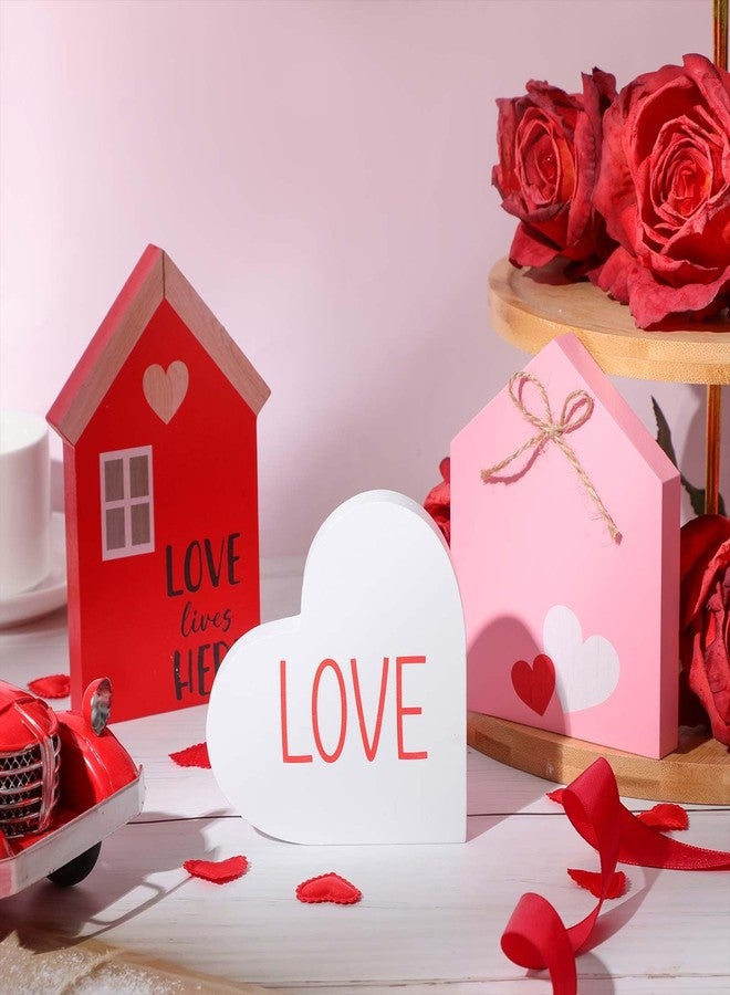 Marsui 3 Pcs Valentine's Day Table Sign House Shaped Wooden Tiered Tray Sign Heart Wooden Table Decor Happy Valentine Tabletop Wood Centerpiece for Home Wedding Party(Pink,Lovely Style) - Image 3