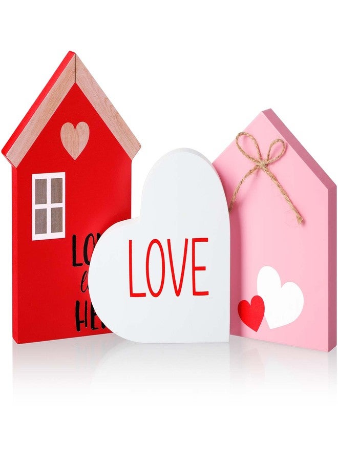 Marsui 3 Pcs Valentine's Day Table Sign House Shaped Wooden Tiered Tray Sign Heart Wooden Table Decor Happy Valentine Tabletop Wood Centerpiece for Home Wedding Party(Pink,Lovely Style) - Image 1