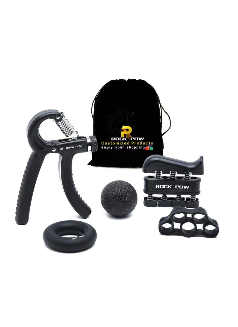 Rock Pow Hand Grip Strengthener Workout Kit 5 Pack, Forearm Grip Adjustable Resistance Hand Gripper, Finger Exerciser, Finger Stretcher, Grip Ring.  - Image 1