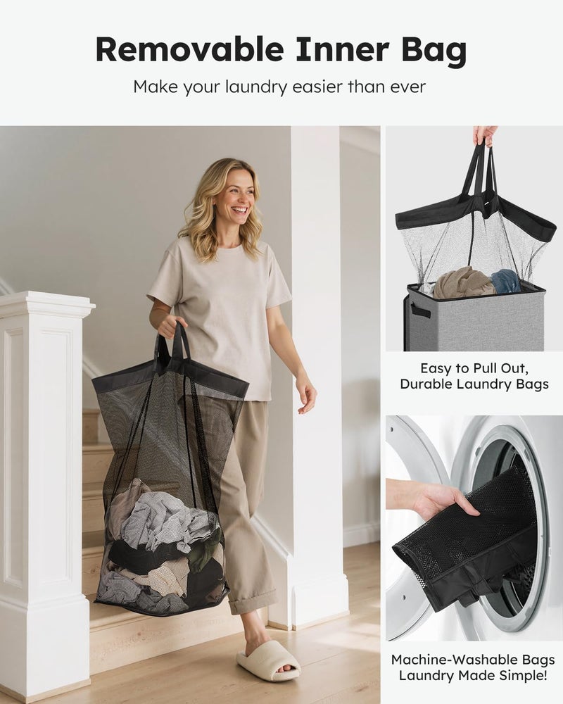 SOLEDI Laundry Hamper with Lid 100L Large & Tall Collapsible Laundry Basket, Clothes Hamper with Bag Removable Easy to Carry, Dirty Hampers for Bedroom, Bathroom, Dorm, College, Grey - Image 4