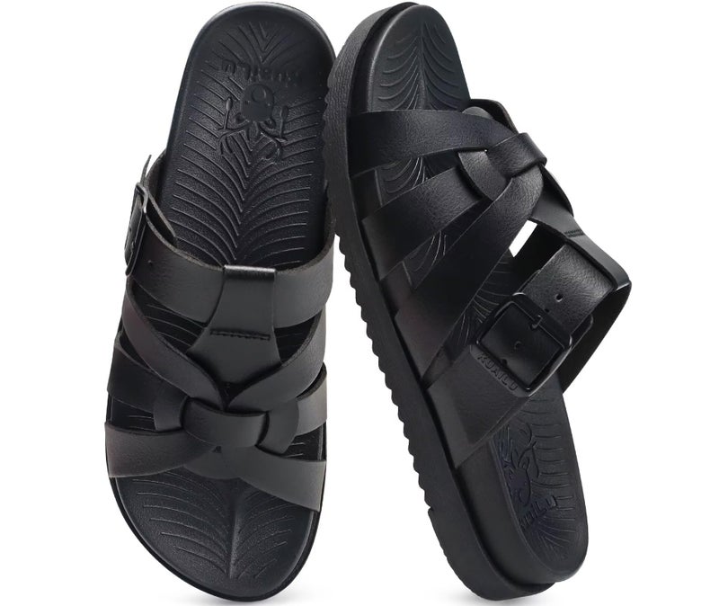 Kuailu Gladiator Sandals for Women Comfortable Arch Support Summer Beach Vacation Walking Travel Flats Orthopedic Strappy Slides Boho Dress Outfits Fisherman Slip on Cushion Leather Shoes Black Size 9 - Image 1