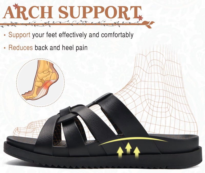 Kuailu Gladiator Sandals for Women Comfortable Arch Support Summer Beach Vacation Walking Travel Flats Orthopedic Strappy Slides Boho Dress Outfits Fisherman Slip on Cushion Leather Shoes Black Size 9 - Image 4