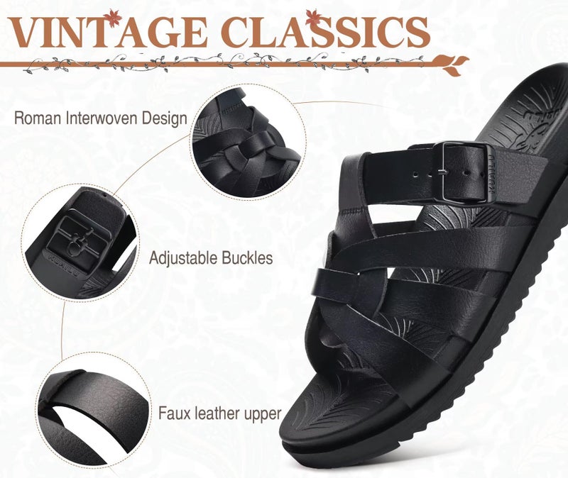 Kuailu Gladiator Sandals for Women Comfortable Arch Support Summer Beach Vacation Walking Travel Flats Orthopedic Strappy Slides Boho Dress Outfits Fisherman Slip on Cushion Leather Shoes Black Size 9 - Image 3