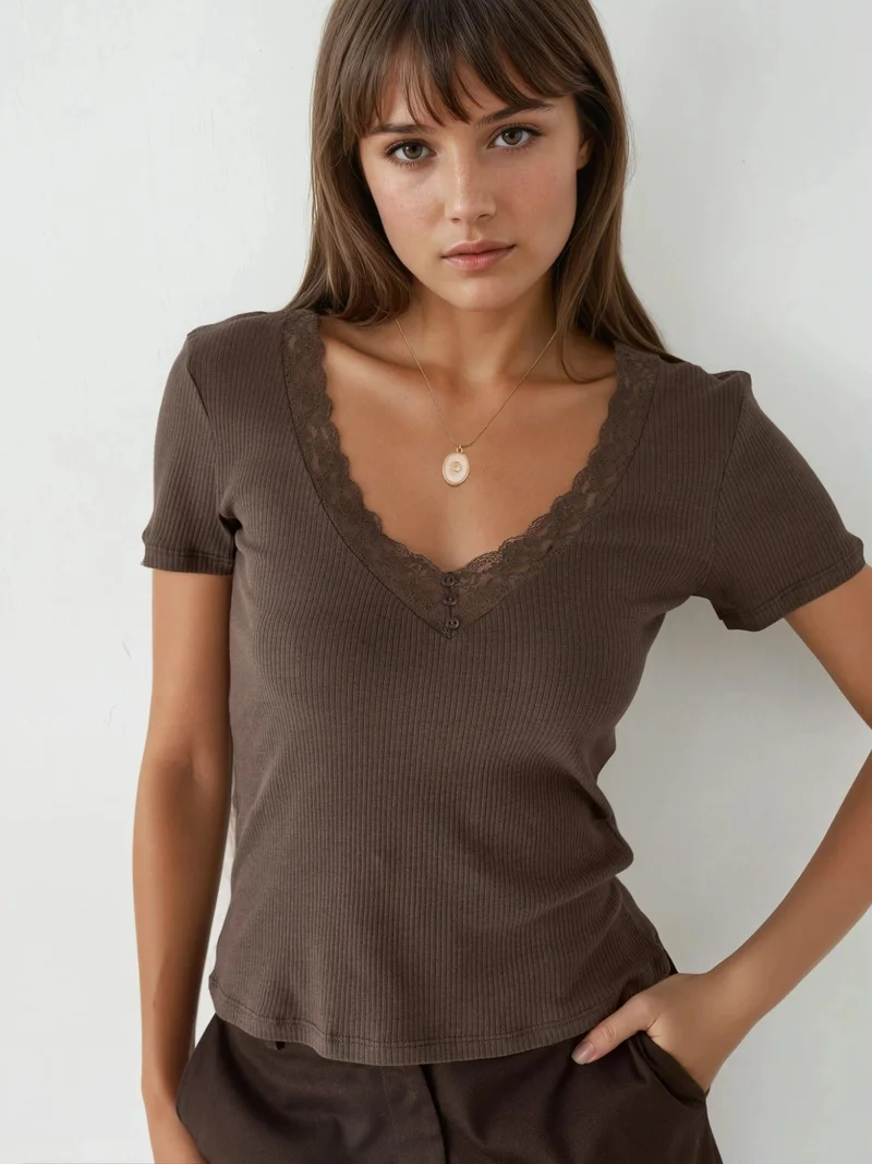 بوسيم BUSEM V-Neck Blouse with Lace Detail