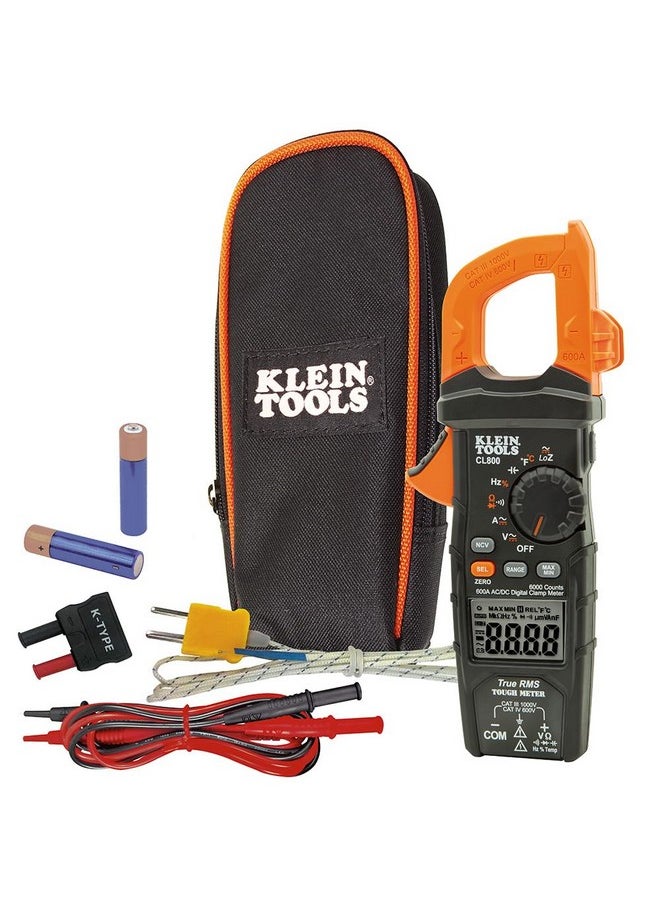 كلاين تولز مقياس التيار الكهربائي الرقمي Klein Tools CL800، مقياس التيار الكهربائي التلقائي، الفولت/التيار المتردد/المستمر، LoZ، الاستمرارية، التردد، السعة، NCVT، درجة الحرارة، أكثر من 1000 فولت  - Image 1