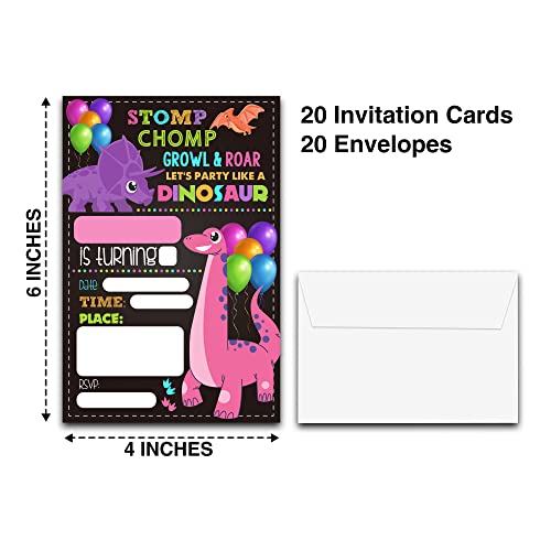 DETIHO 4" x 6" Dinosaur Theme Birthday Party Invitation Cards With Envelopes - Let's Party Like Dinosaur - Girl Dinosaur Chalkboard Party Invitation - 20 Sets - E27 - Image 2