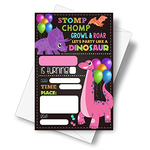 DETIHO 4" x 6" Dinosaur Theme Birthday Party Invitation Cards With Envelopes - Let's Party Like Dinosaur - Girl Dinosaur Chalkboard Party Invitation - 20 Sets - E27 - Image 1