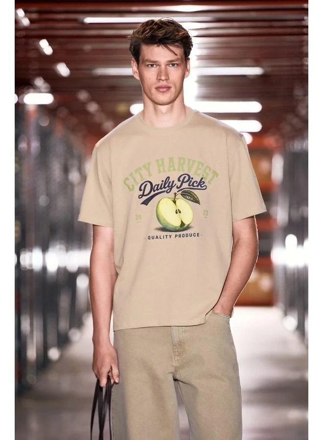 GRIMELANGE MEDITAN Men's 100% Organic Cotton Round Collar Printed Detailed Beige T-Shirt.