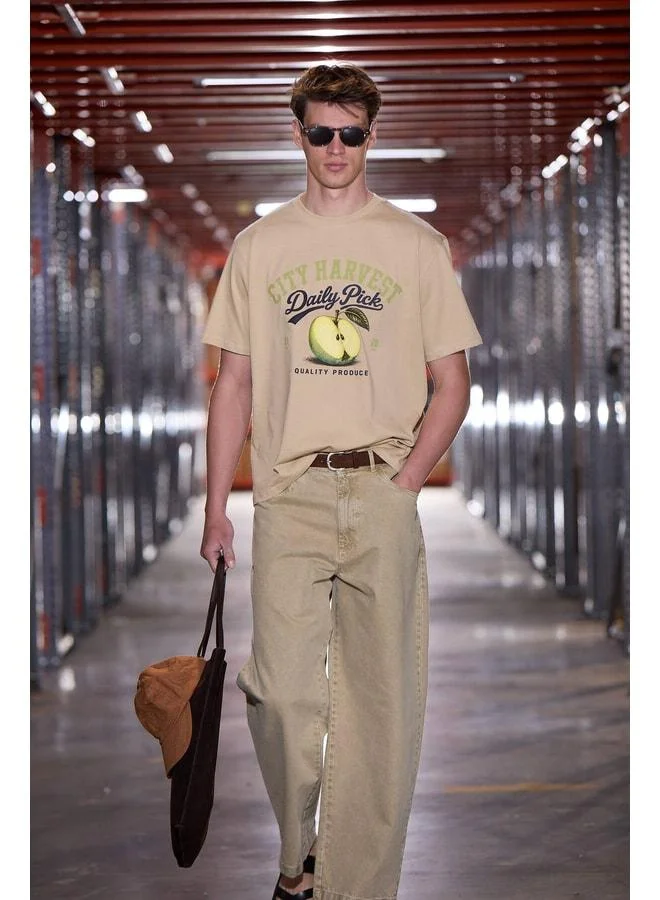 GRIMELANGE MEDITAN Men's 100% Organic Cotton Round Collar Printed Detailed Beige T-Shirt.
