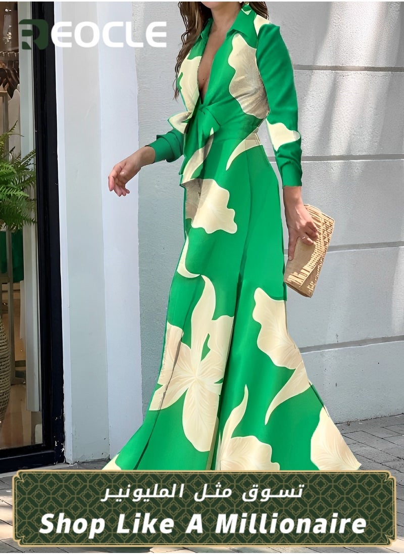 REOCLE Fashionable V-neck Long-sleeved Lapel Printed Loose Wide-leg Jumpsuit for Women With Waist Design and Wide Swing Modify The Leg Shape  - Image 1