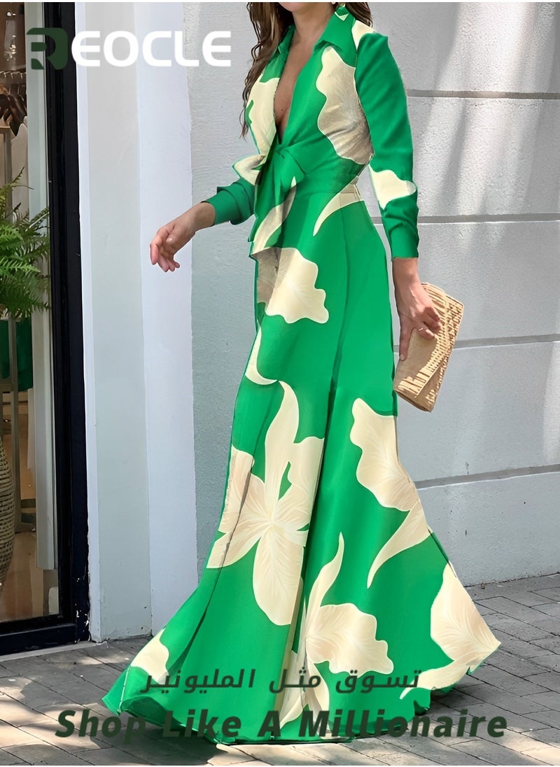 REOCLE Fashionable V-neck Long-sleeved Lapel Printed Loose Wide-leg Jumpsuit for Women With Waist Design and Wide Swing Modify The Leg Shape  - Image 2