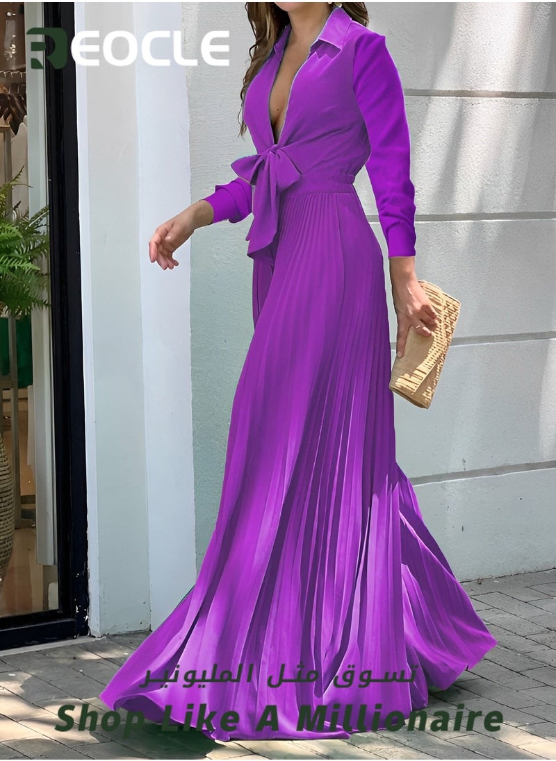 REOCLE Fashionable V-neck Long-sleeved Lapel Printed Loose Wide-leg Jumpsuit for Women With Waist Design and Wide Swing Modify The Leg Shape  - Image 5