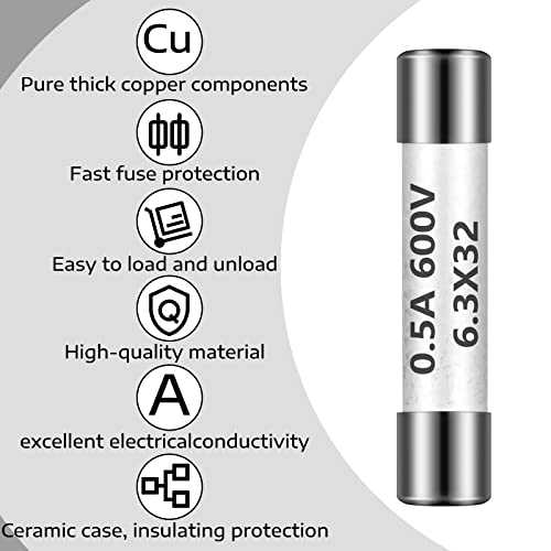 Kingdder 10 Pcs 0.5A 600V DMM Fast Blow Action 500mA Multimeter Fuses Brass Made Ceramic Fuses for DMMs, 6.3 x 32 mm - Image 2