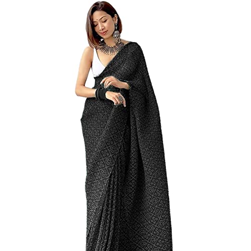 Shiv Textiles Women's Plain Pure Georgette Full Crushed Saree (CRSH-Black 1) - Image 1