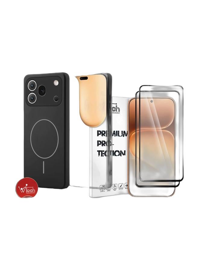 Wtech Honor 600 Pro 5G 2026 Premium Liquid Silicone Compatible With Thin Magsafe Ring Case Cover (MCMPMN) - Black & [2 PACK] Honor 600 5G 2026 Premium E2E Series Full Glue Full Cover Tempered Glass Screen Protector (MSGECN) - Clear/Black Bundle - Image 1