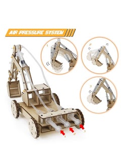 Mini Tudou Mini Tudou 3D Wooden Construction Excavator Vehicle Toys Set STEM Science Kit with Air Pressure System to Build A Wood Excavator Model Including 3 Replaceable Gripper  Digger for Kids Boys Girls  - Image 1