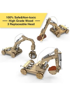 Mini Tudou Mini Tudou 3D Wooden Construction Excavator Vehicle Toys Set STEM Science Kit with Air Pressure System to Build A Wood Excavator Model Including 3 Replaceable Gripper  Digger for Kids Boys Girls  - Image 5