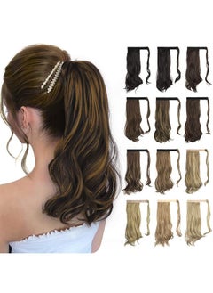 SOFEIYAN Curly Ponytail Extension 15 Inch Heat Resistant Synthetic Natural Wavy Hairpiece Wrap Around Pony Tail Hair Extensions for White Black Women Hair Piece, Dark Brown Highlighted Cameral Blonde  - Image 1