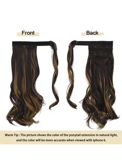 SOFEIYAN Curly Ponytail Extension 15 Inch Heat Resistant Synthetic Natural Wavy Hairpiece Wrap Around Pony Tail Hair Extensions for White Black Women Hair Piece, Dark Brown Highlighted Cameral Blonde  - Image 2