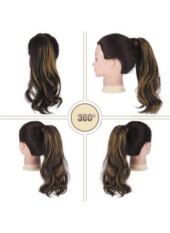 SOFEIYAN Curly Ponytail Extension 15 Inch Heat Resistant Synthetic Natural Wavy Hairpiece Wrap Around Pony Tail Hair Extensions for White Black Women Hair Piece, Dark Brown Highlighted Cameral Blonde  - Image 3