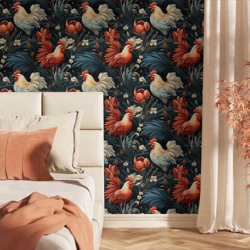 MuralPeel Cream Red Rooster Floral Dark Black Navy Peel and Stick Wallpaper Easy Peel Off Self Adhesive Removable Stick on Wall Paper for Kitchen Renter Friendly - Image 3