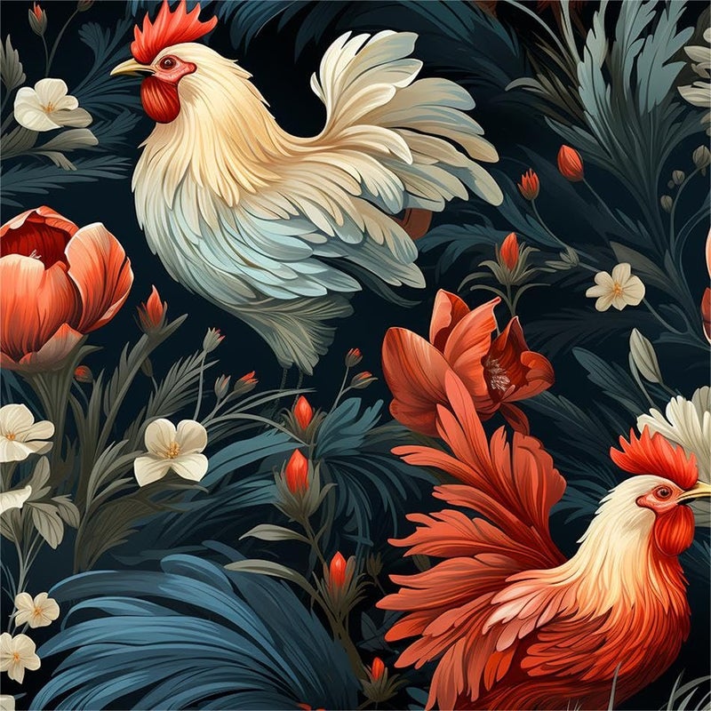 MuralPeel Cream Red Rooster Floral Dark Black Navy Peel and Stick Wallpaper Easy Peel Off Self Adhesive Removable Stick on Wall Paper for Kitchen Renter Friendly - Image 1
