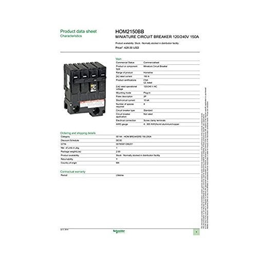 Square D Homeline Plug-on Circuit Breaker HOM2150BB Branch 150 AMP UL Approved - Image 2