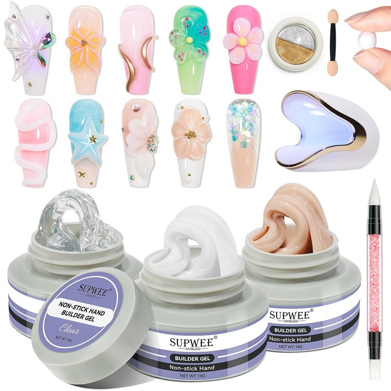 3 Colors Hard Gel for Nails, Clear White Nude Solid Builder Gel for 3D Nail Art Sculpting with UV Lamp & Chrome Powder for Home DIY Salon, 14g (0.49oz)