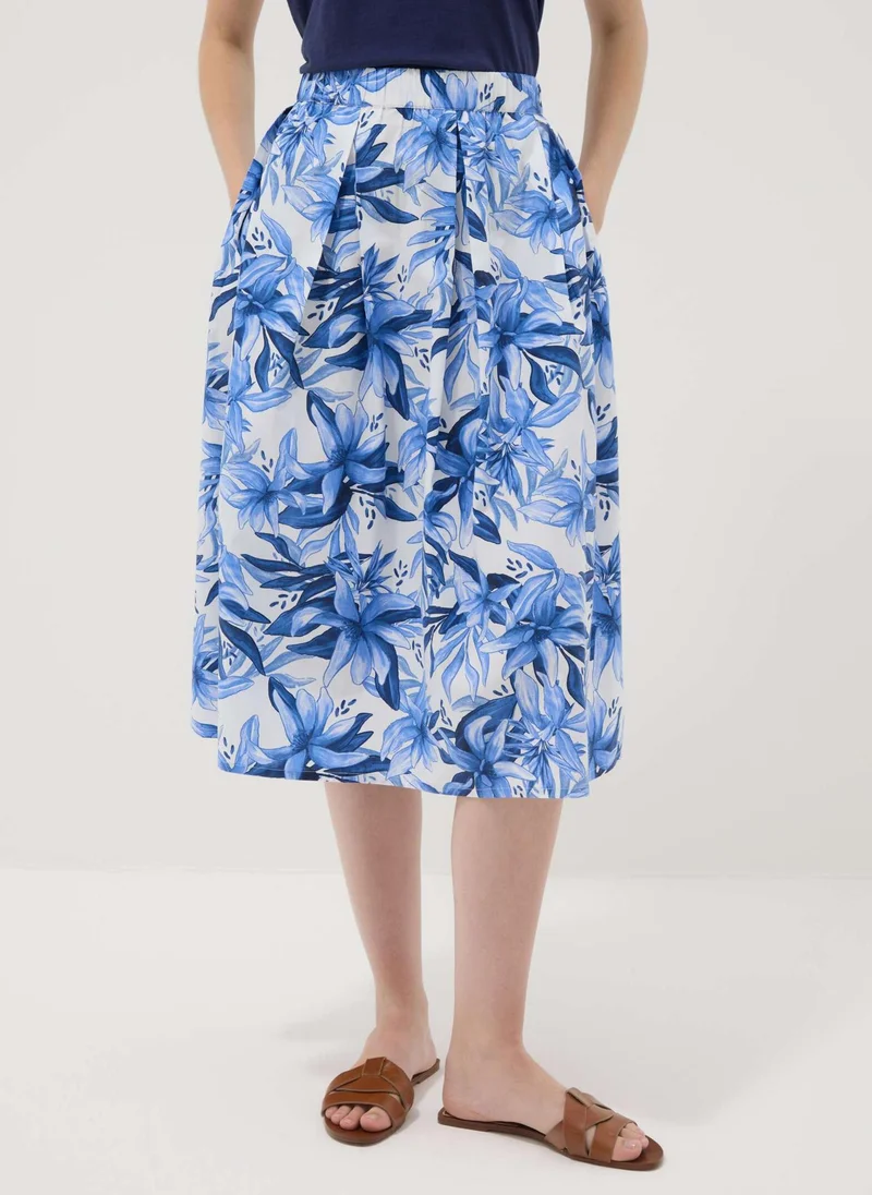 او في اس OVS Blue And White Cotton Midi Skirt With Floral Print