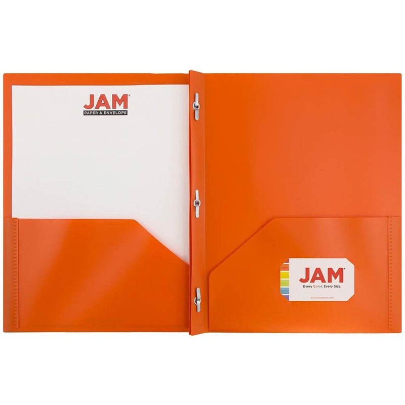 JAM PAPER Plastic Color POP Folders - 2 Pocket Durable Folders with Metal Prongs Fastener Clasps - Orange - 6/Pack - Image 3