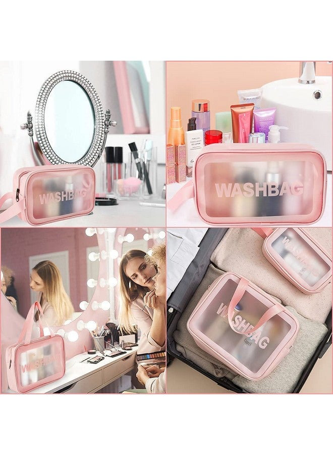 FLYNGO FLYNGO Clear Makeup Pouch Set, Cosmetic Organizer Bag for Women and Girls Travel Waterproof Toiletry Storage Kit (Set of 3 Light Pink)  - Image 4
