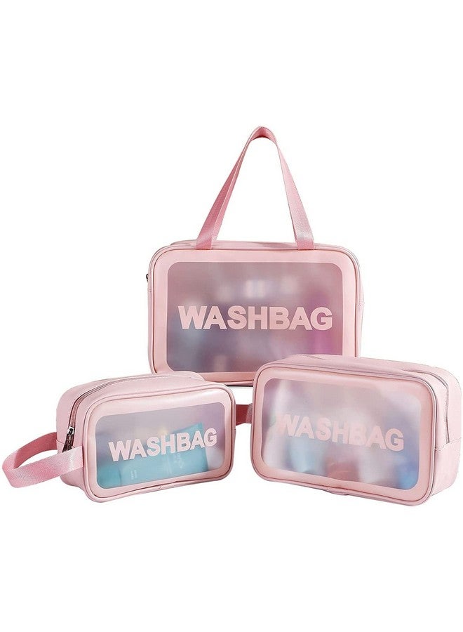 FLYNGO FLYNGO Clear Makeup Pouch Set, Cosmetic Organizer Bag for Women and Girls Travel Waterproof Toiletry Storage Kit (Set of 3 Light Pink)  - Image 1