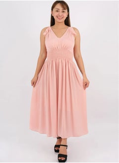 Women’s Elastic Waist Pleated Maxi Dress in Mellow Rose