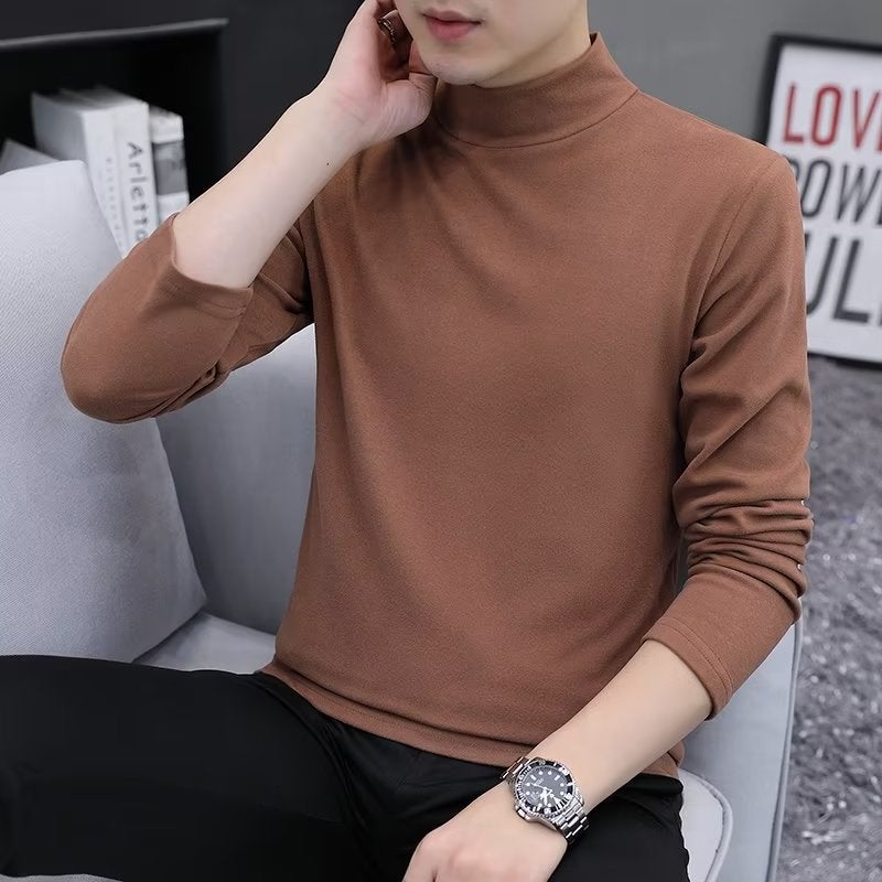 Men'S T-Shirt High Collar Warm Clothes Base Shirt Youth All-Match Solid Color Double-Sided Fleece Long-Sleeved T-Shirt Trendy - Image 1