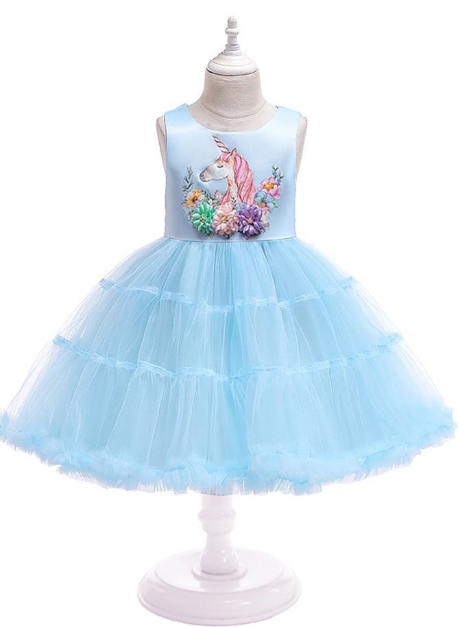 Loquat New children's dress with flower unicorn cake skirt children skirt flower child gauze dress Europe and America BLUE  - Image 1