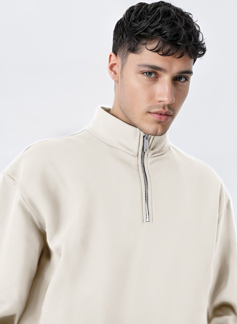 Maniac Mens Solid High Neck Full Sleeve Half White Cotton Fleece Sweatshirt - Image 1