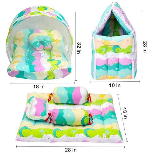 Fareto Combo of Baby Bed with Net | Carry Bag | 4 Pcs Bedding Set (0-6 Months, Baby Size, Cotton) (Pista NEW Star) - Image 5