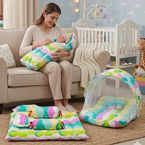 Fareto Combo of Baby Bed with Net | Carry Bag | 4 Pcs Bedding Set (0-6 Months, Baby Size, Cotton) (Pista NEW Star) - Image 1