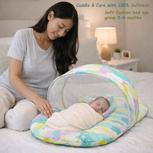 Fareto Combo of Baby Bed with Net | Carry Bag | 4 Pcs Bedding Set (0-6 Months, Baby Size, Cotton) (Pista NEW Star) - Image 2