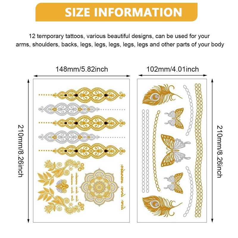 MAYCREATE 12 Sheets Tattoo Sticker Creative Element Temporary Tattoos Stickers Golden Tatto Stickers Assorted Henna Art Tattoo Sticker for Body Art Tattoos Art Waterproof Temporary - Image 2