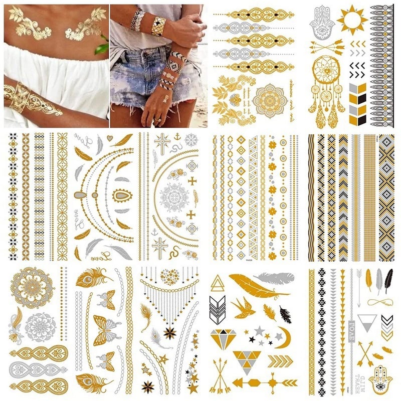 MAYCREATE 12 Sheets Tattoo Sticker Creative Element Temporary Tattoos Stickers Golden Tatto Stickers Assorted Henna Art Tattoo Sticker for Body Art Tattoos Art Waterproof Temporary - Image 1