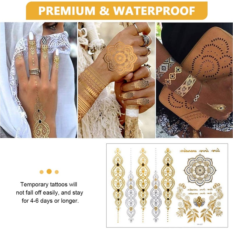 MAYCREATE 12 Sheets Tattoo Sticker Creative Element Temporary Tattoos Stickers Golden Tatto Stickers Assorted Henna Art Tattoo Sticker for Body Art Tattoos Art Waterproof Temporary - Image 3