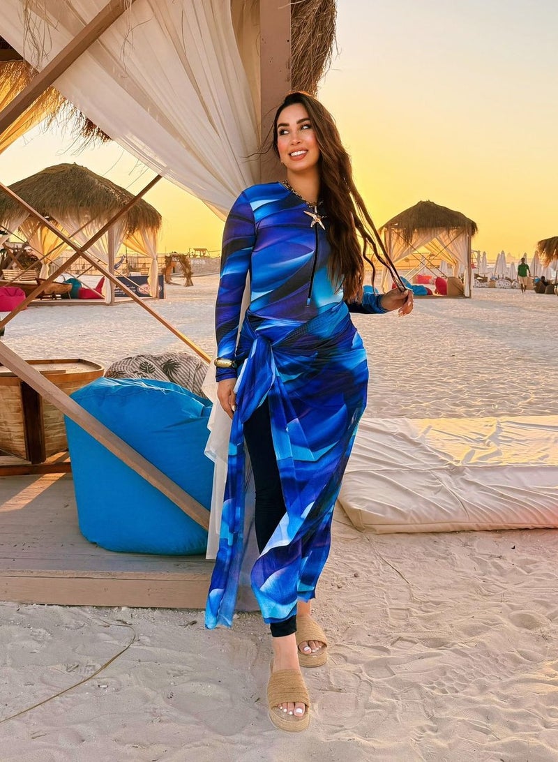 مايوه بحر استايل جديد حريمي - مموج أزرق غامق  - Image 1