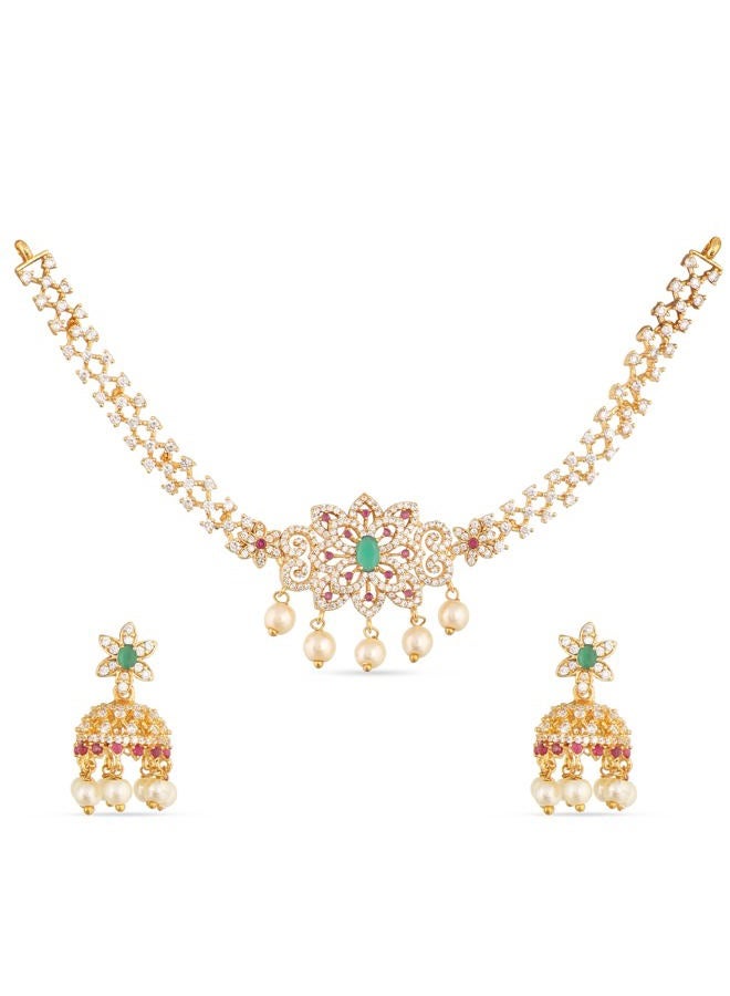 TARINIKA Yellow Gold Beli Nakshatra CZ Short Necklace Set with Floral Design - Indian Jewelry Sets for Women | Perfect for Casual Occasions | Traditional South Indian Necklace | 1 Year Warranty* - Image 1