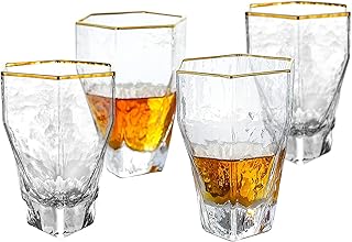 G Hammered Hexagon Short Trumpet Gold Rim Highball Glass set of 4, 13.4 oz - Image 1